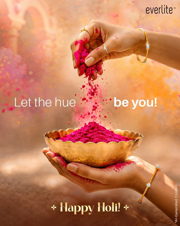 Holi creative ad: Hands sprinkling pink gulal into a brass bowl, wearing gold jewellery