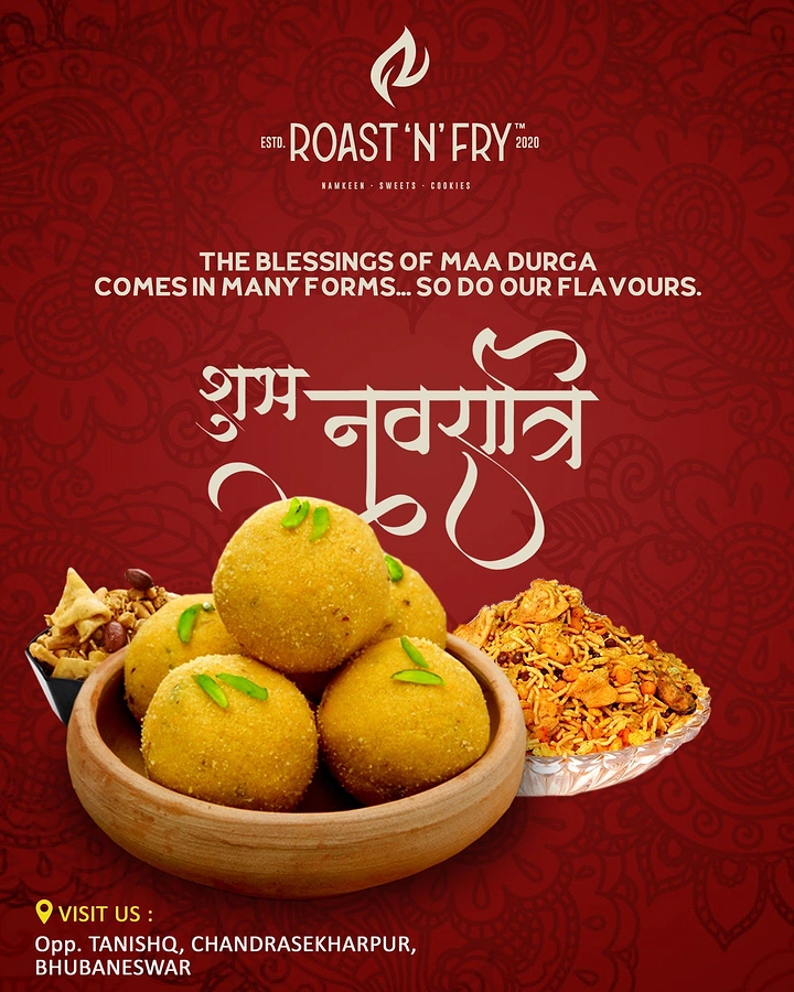 Navratri creative ad: Clay bowl of besan laddoos flanked by namkeen mixtures
