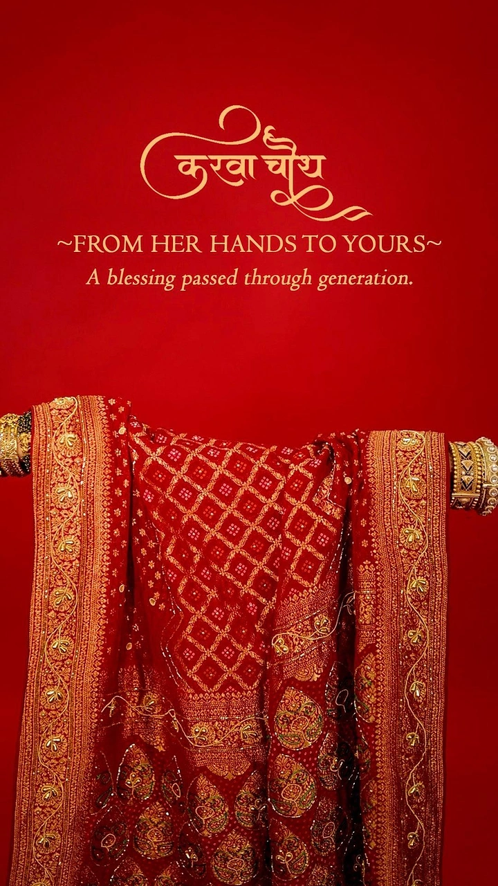 Karwa Chauth creative ad: Red bandhani dupatta with gold embroidery draped over outstretched bangled arms
