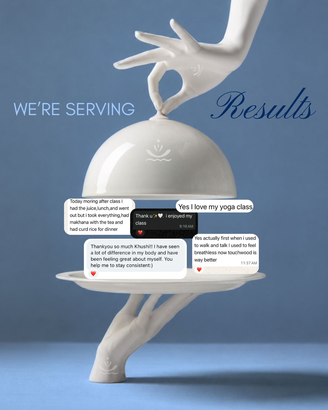 Instagram post: Porcelain hands serving client testimonial chats under a cloche