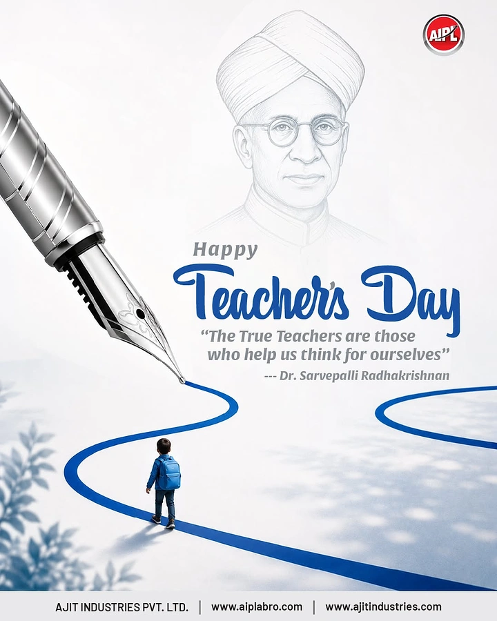 Teachers Day creative ad: Fountain pen drawing a blue ink road that a small child walks along