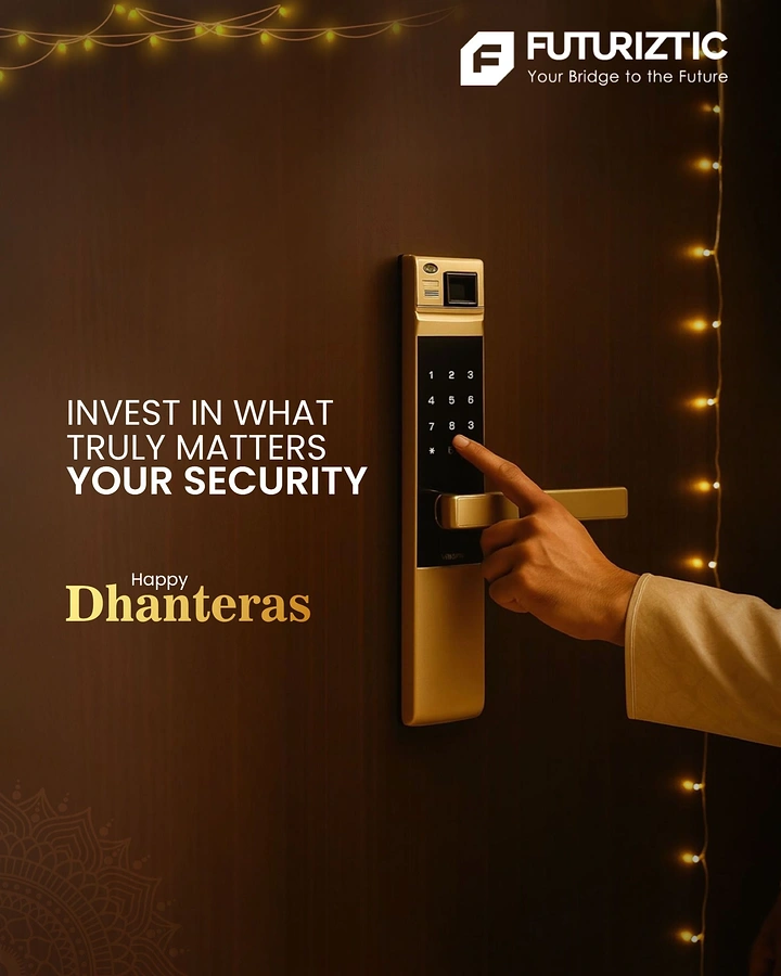 Dhanteras creative ad: Hand pressing the keypad of a gold smart digital door lock
