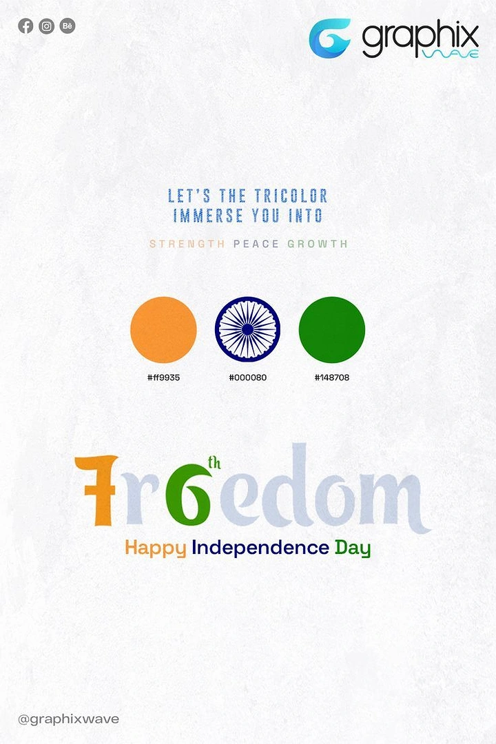 Independence Day creative ad: Tricolour palette swatches with hex codes and a 76th-anniversary wordmark