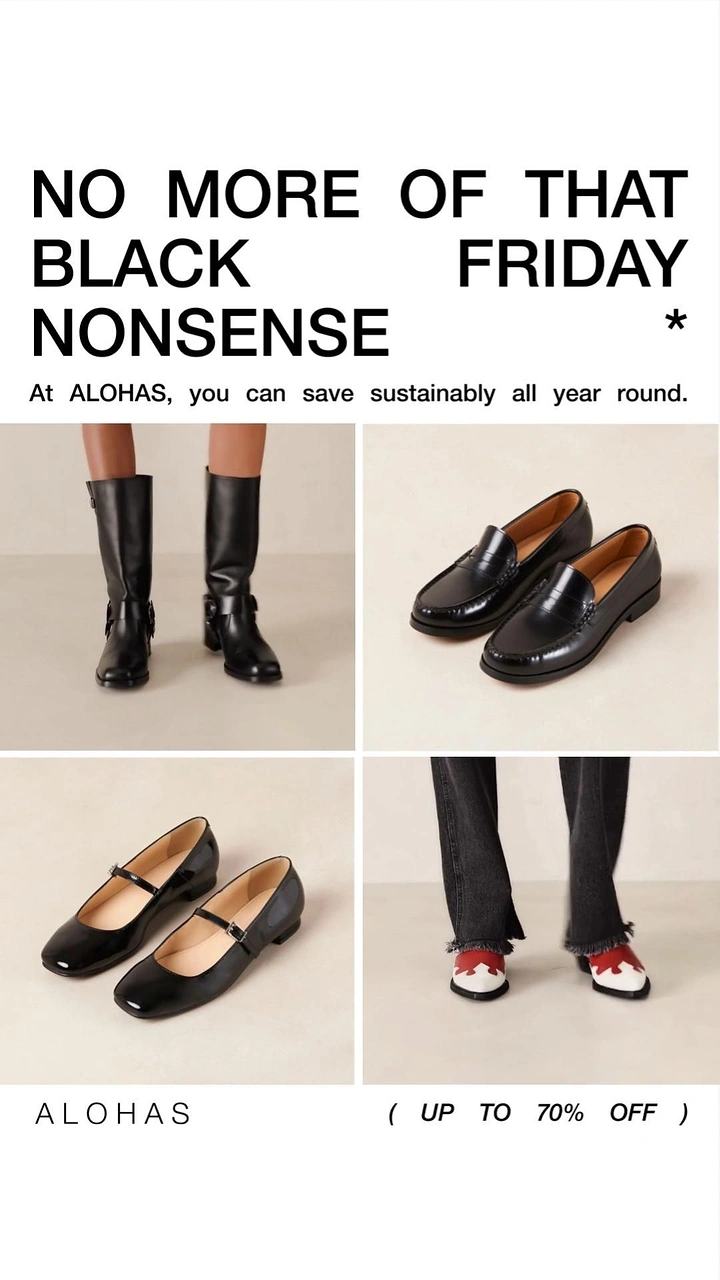 Black Friday creative ad: Four black leather shoes in a 2x2 grid