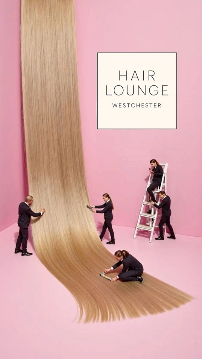 Beauty & Salon creative ad: Giant blonde hair lock tended by tiny suited stylists