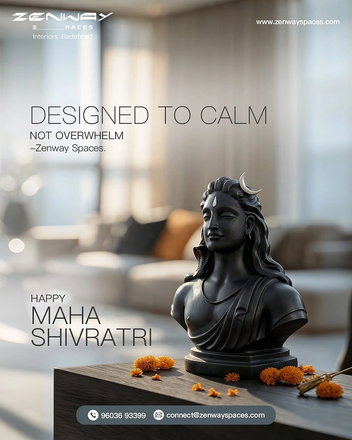 other-festival creative ad: Matte black Shiva bust on a wooden console in a modern living room