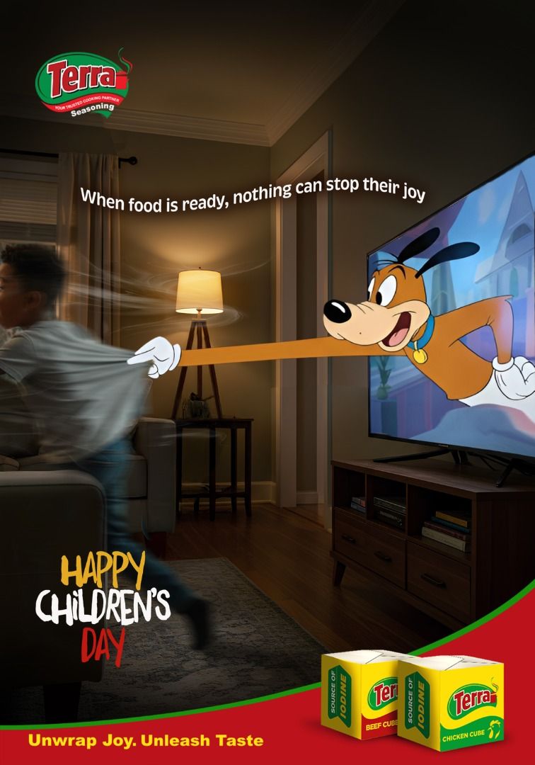 Cartoon dog stretching out of a TV to grab a running boy
