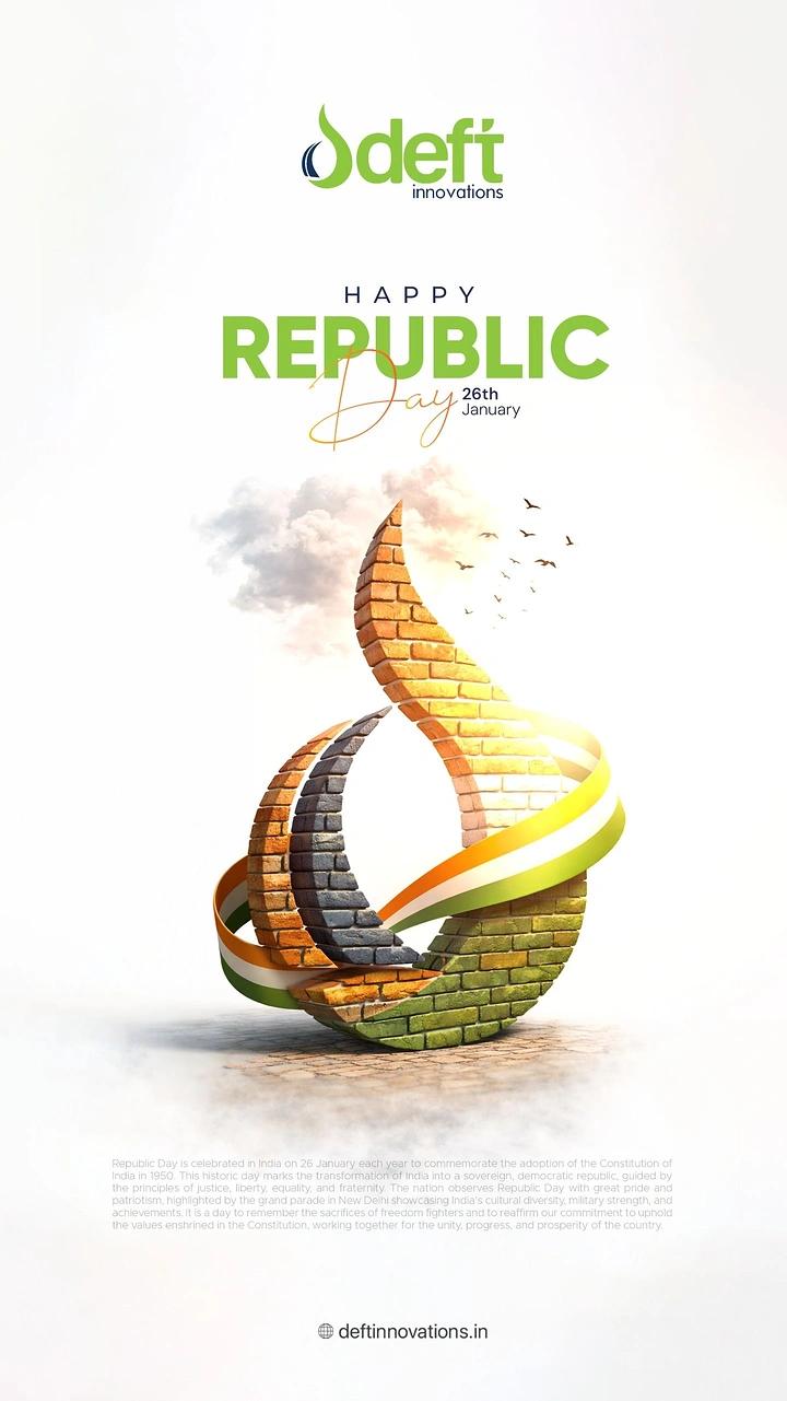 Republic Day creative ad: Brick-textured flame/drop sculpture wrapped in tricolour ribbon