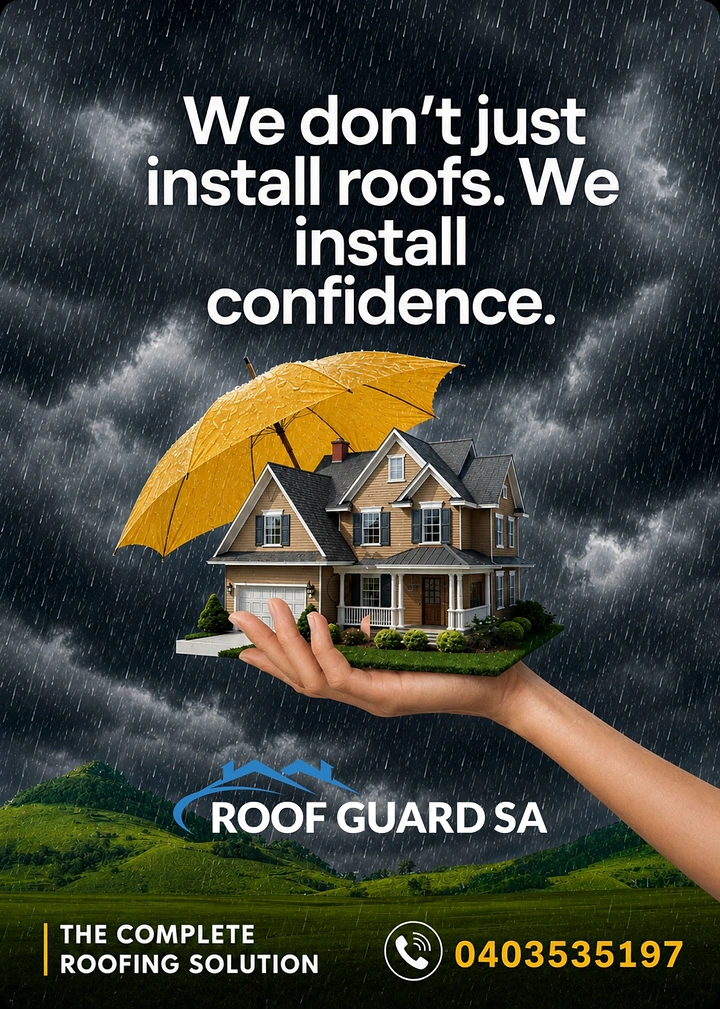 Roofing creative ad: Hand-held umbrella shields house: installs confidence