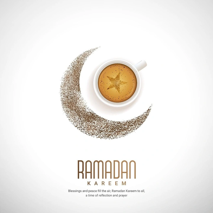Ramadan creative ad: Top-down coffee cup with a star in the foam, inside a crescent of scattered coffee grounds