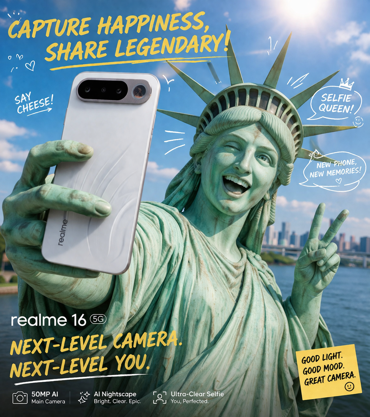 Statue of Liberty winking and taking a selfie with a white smartphone