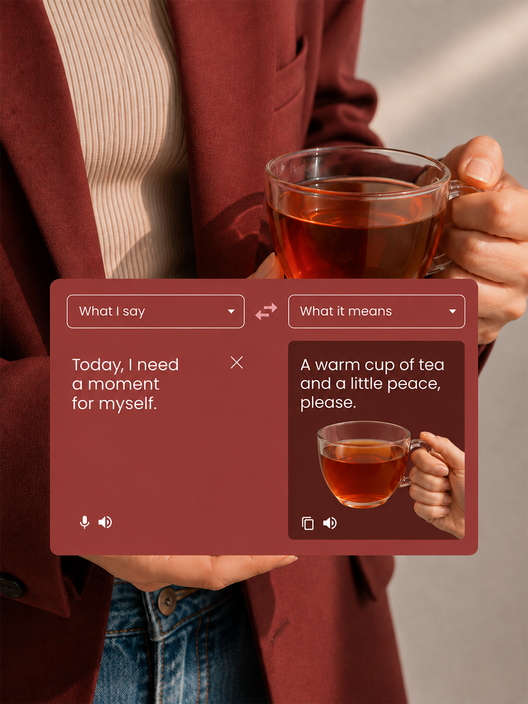 Instagram post: Translate-app UI: tea means peace