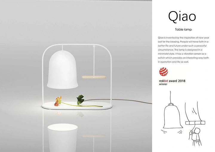 New Year creative ad: A minimalist white table lamp paired with a suspended bell-like shade