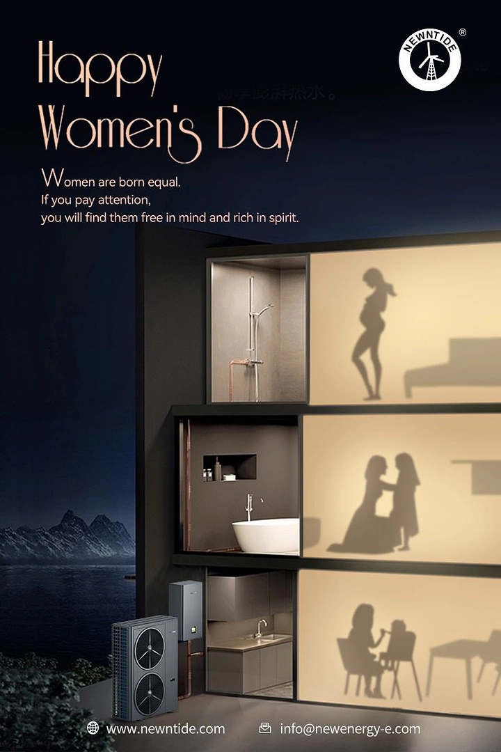 Women's Day creative ad: Cutaway house at night with women silhouettes and a heat pump