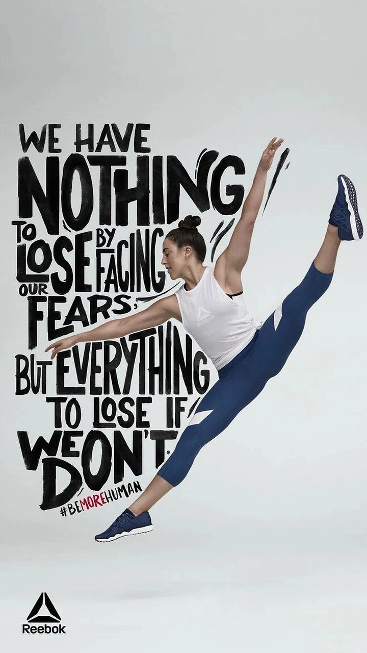 Gym & Fitness creative ad: Female athlete in a mid-air split leap beside a hand-lettered quote
