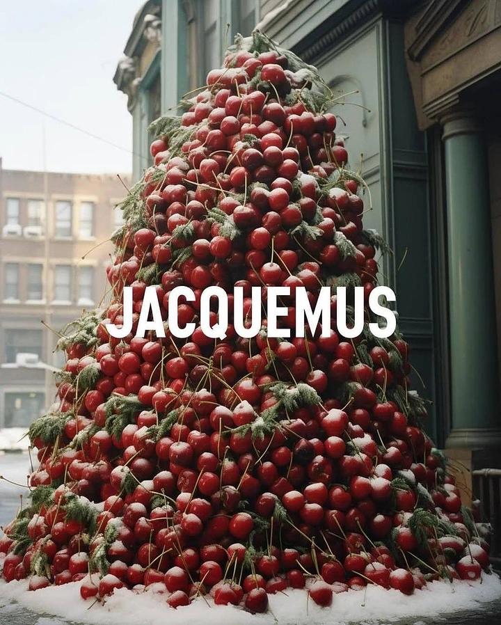 Christmas creative ad: Christmas tree made of stacked red cherries on a snowy street
