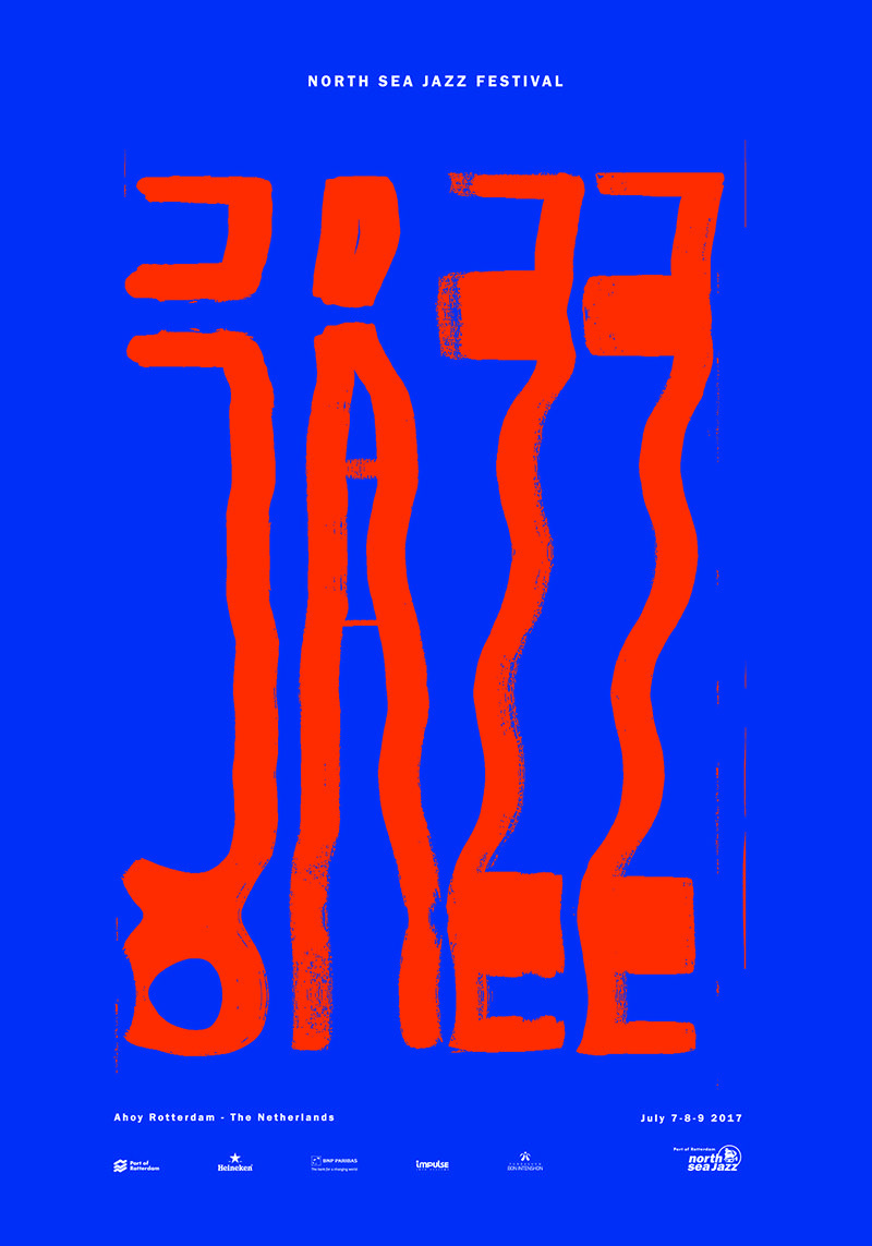 Poster: Elongated wavy brush lettering spelling 'jazz' repeatedly