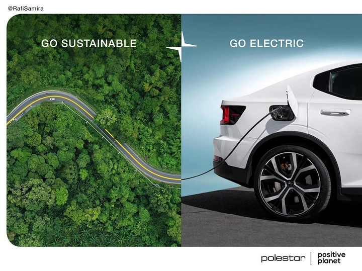 Electric Vehicles creative ad: Split image: winding road through forest beside a white EV plugged in to charge
