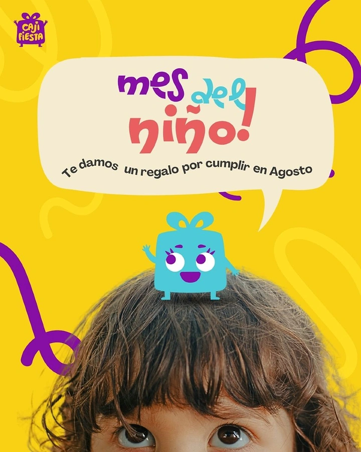 Children's Day creative ad: Cartoon gift-box mascot perched on a child's head