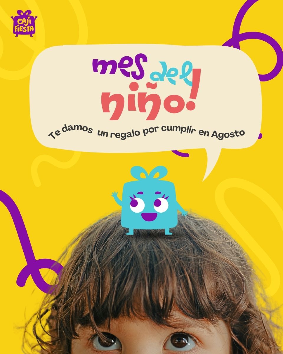 Cartoon gift-box mascot perched on a child's head