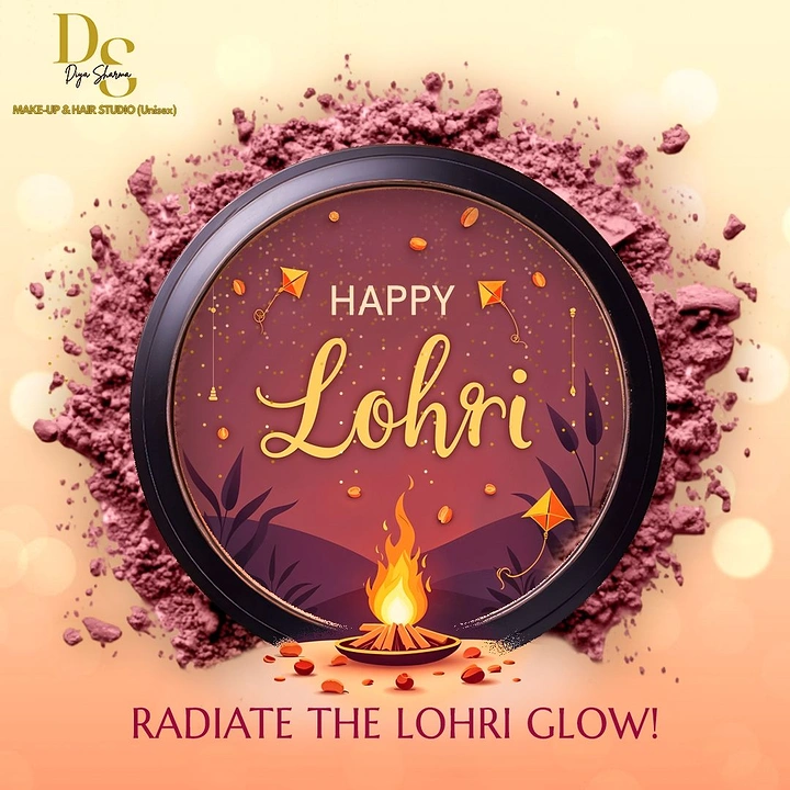 Lohri creative ad: Blush compact holding an illustrated Lohri bonfire scene