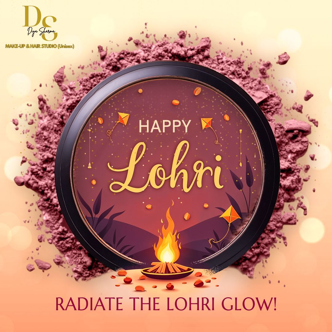 Blush compact holding an illustrated Lohri bonfire scene