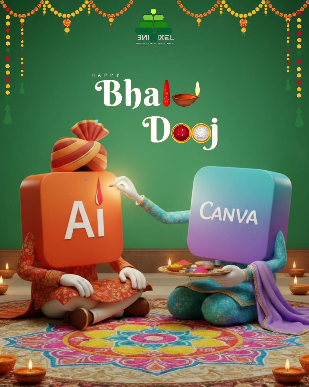 3D software-icon characters performing the tilak ritual