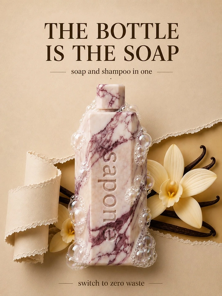 Soap & Bath Products creative ad: Bottle-shaped marbled solid soap with bubbles