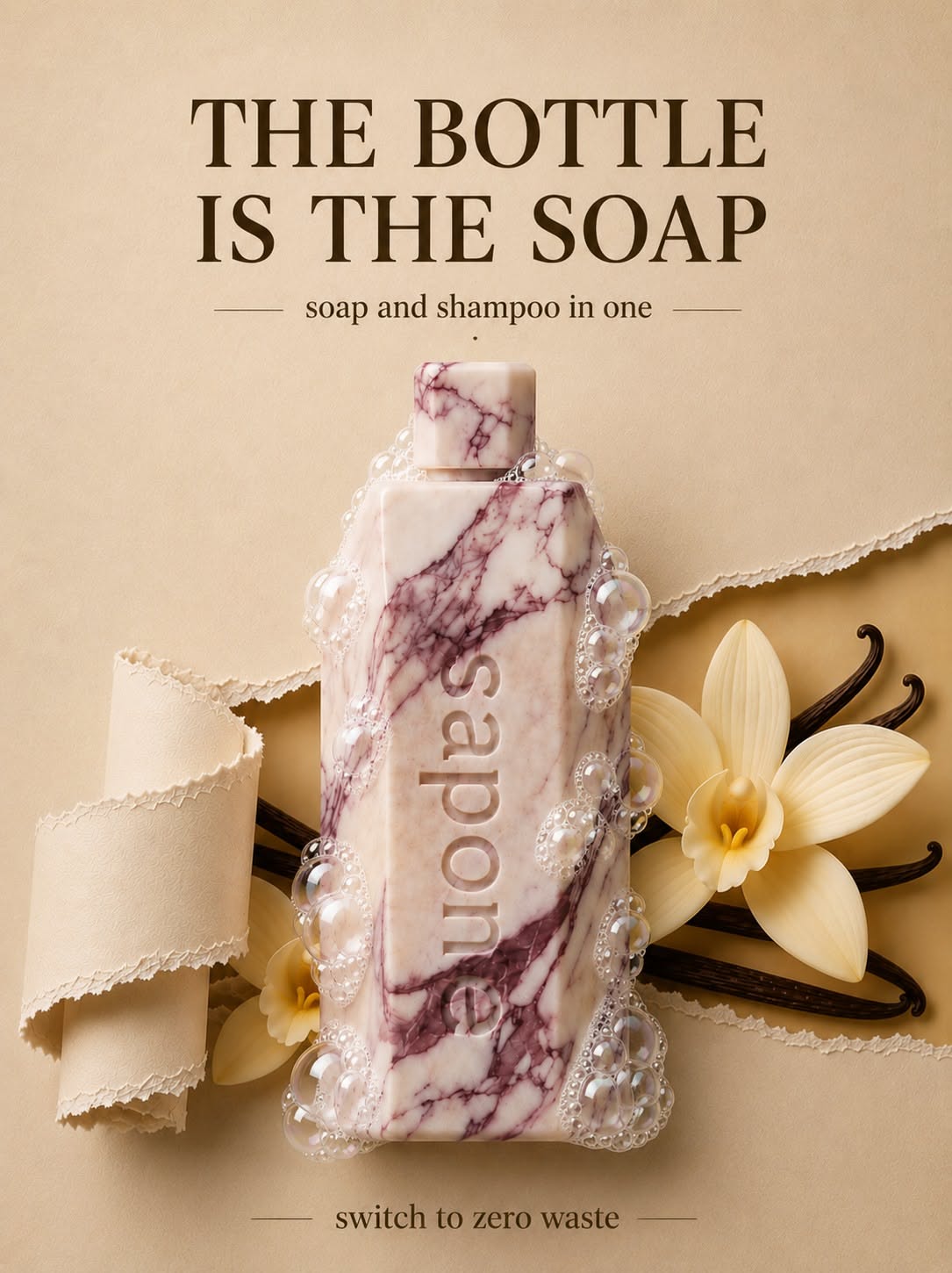 Instagram post: Bottle-shaped marbled solid soap with bubbles
