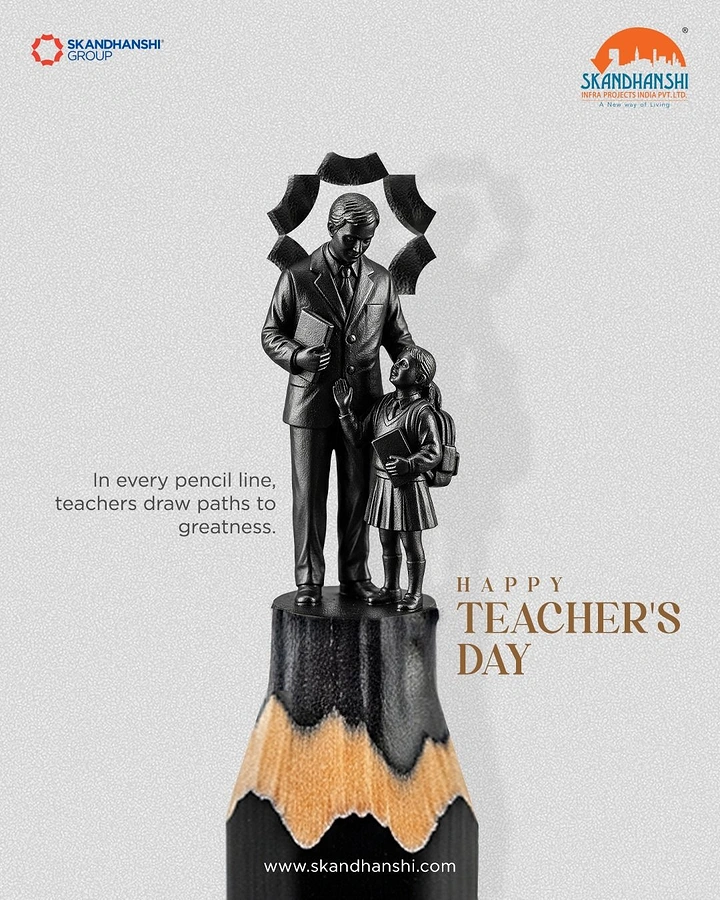 Teachers Day creative ad: Teacher and schoolgirl figurine carved from a pencil tip