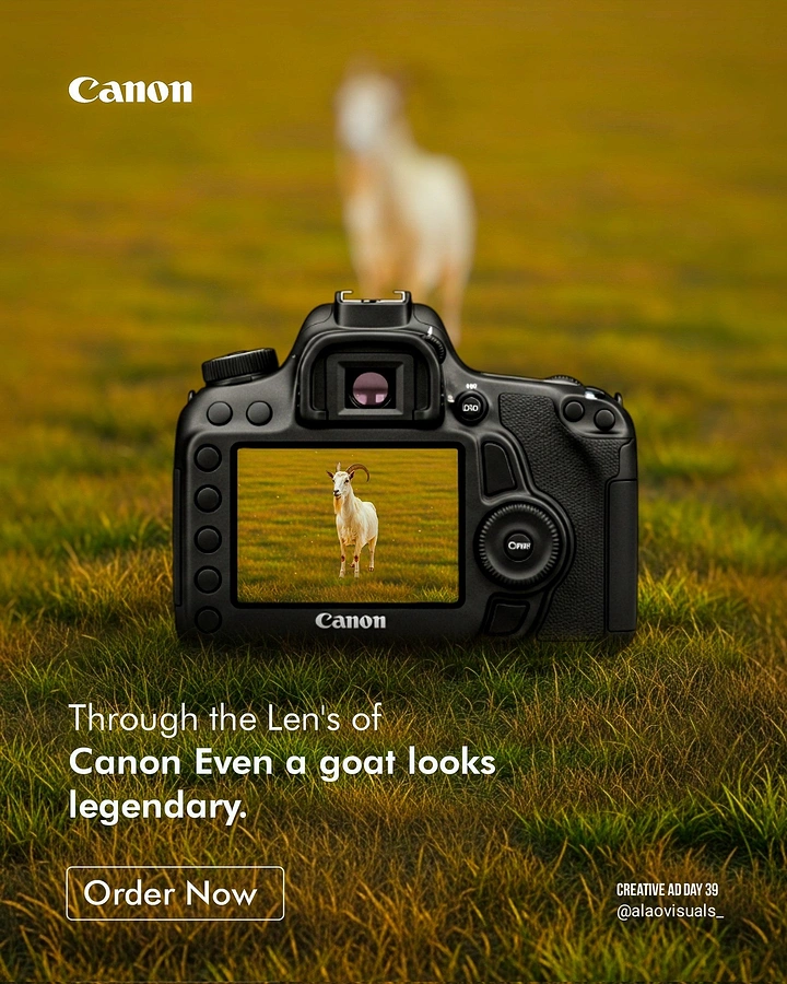 Photography creative ad: Witty goat-looks-legendary lens copy