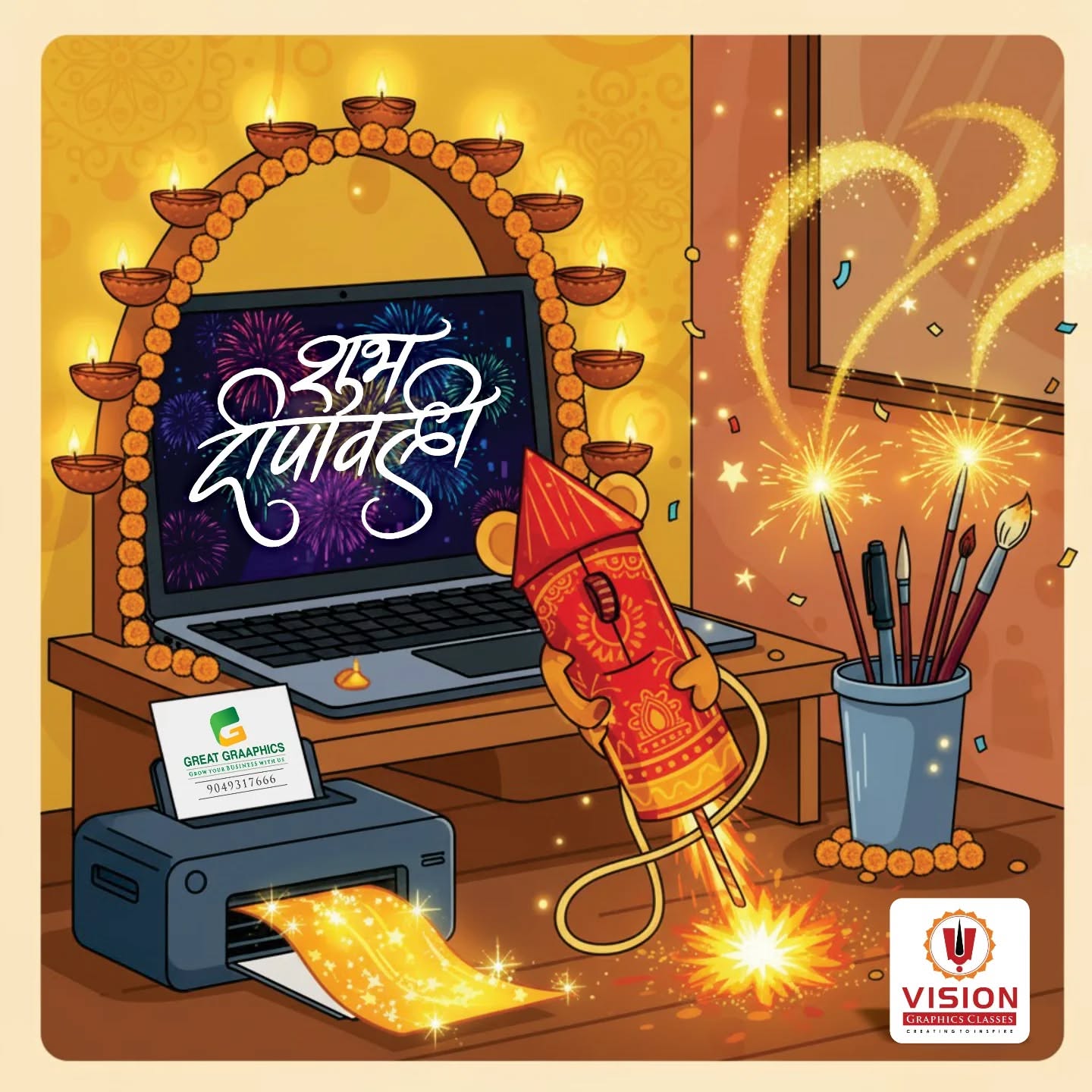 designer's desk with laptop, rocket-shaped mouse and diya-lit arch