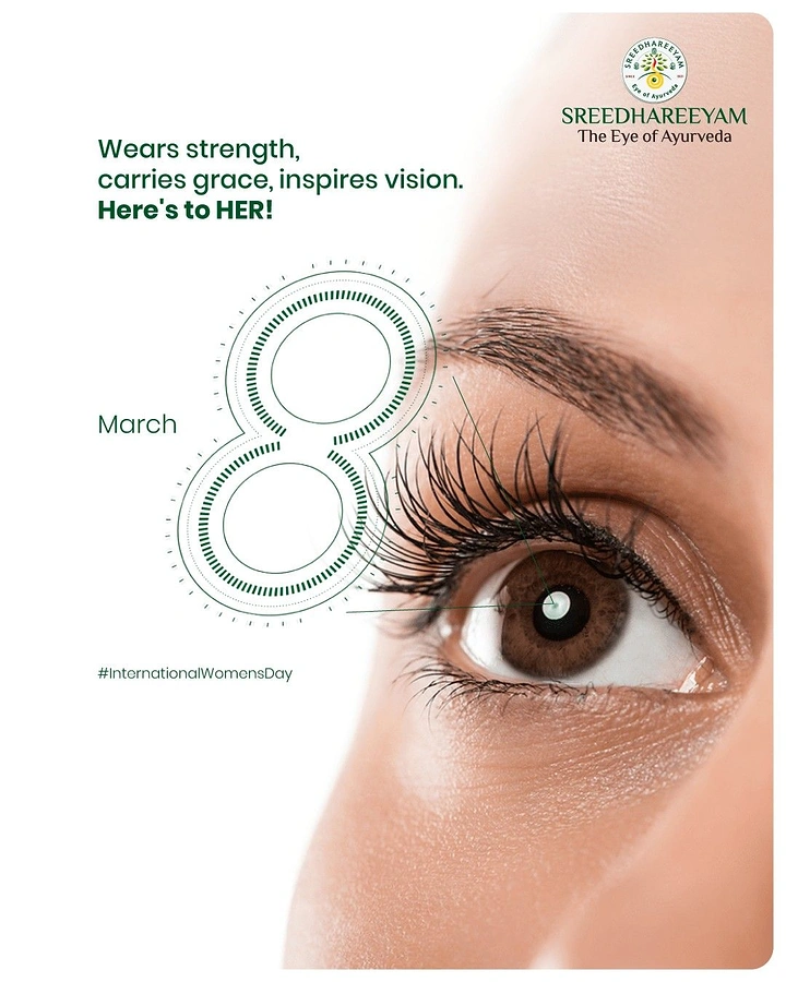 Women's Day creative ad: Extreme close-up of a woman's eye with a line-art numeral 8