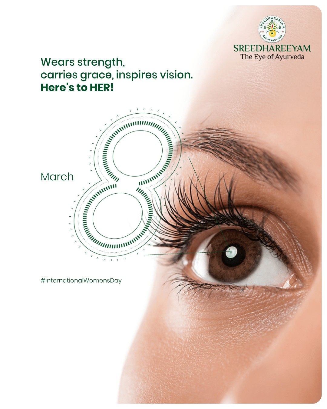 Extreme close-up of a woman's eye with a line-art numeral 8