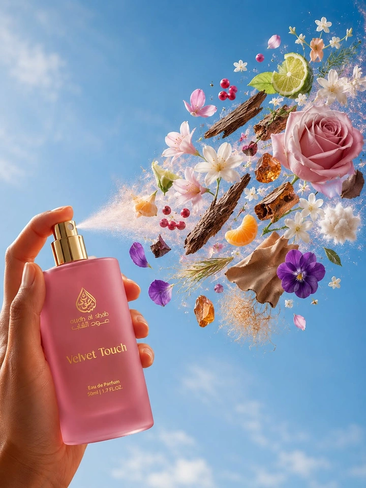Creative ad: Hand spraying pink perfume bottle into an explosion of fragrance ingredients