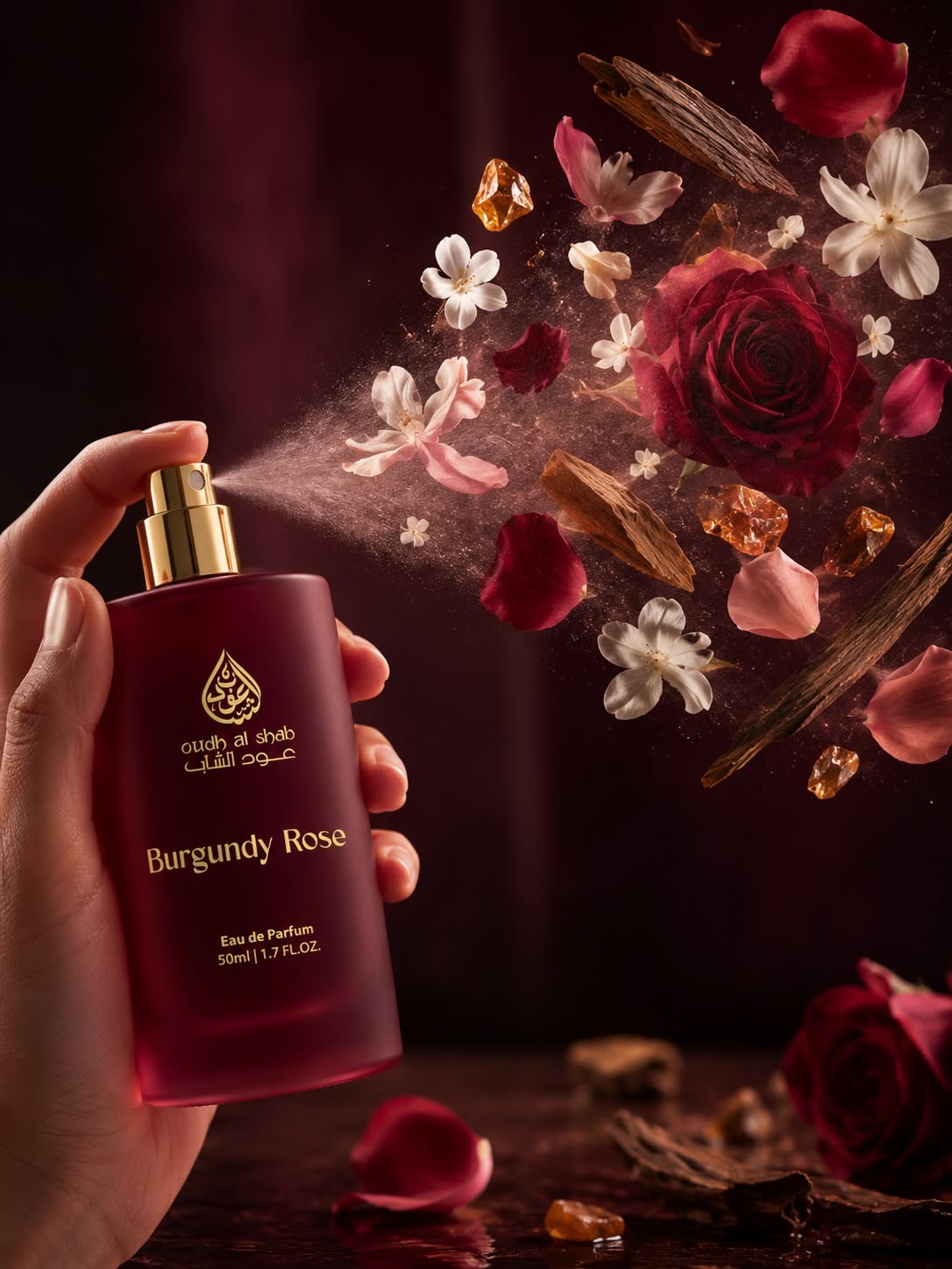 Carousel: Hand spraying pink perfume bottle into an explosion of fragrance ingredients, slide 2