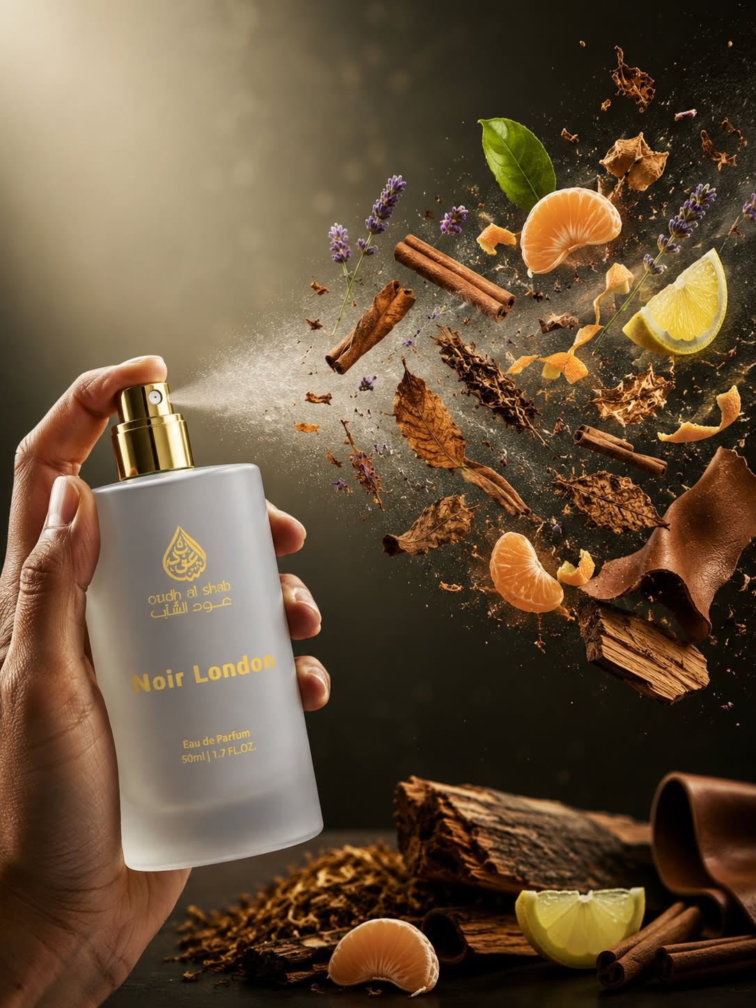 Carousel: Hand spraying pink perfume bottle into an explosion of fragrance ingredients, slide 3
