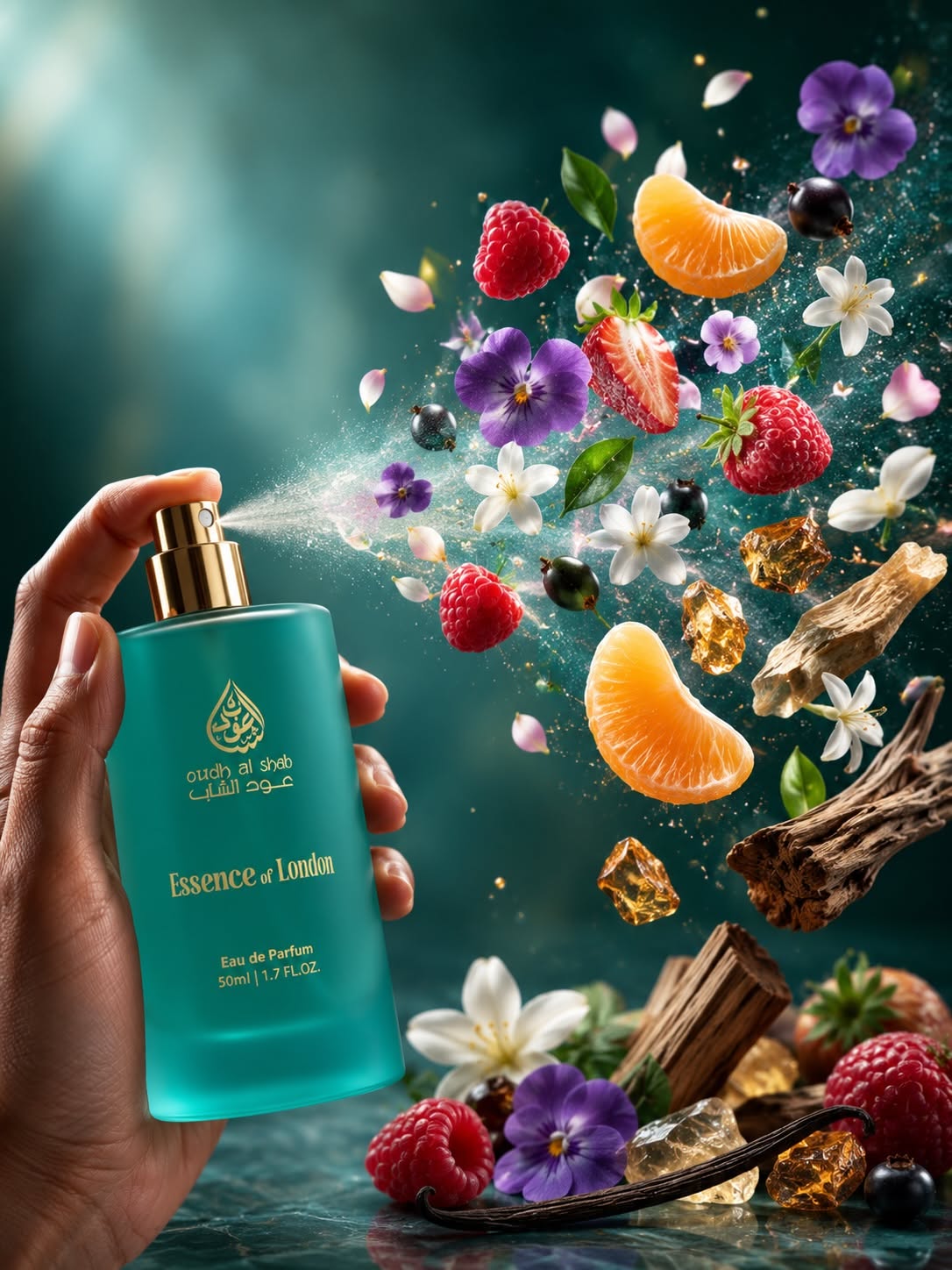 Carousel: Hand spraying pink perfume bottle into an explosion of fragrance ingredients, slide 4