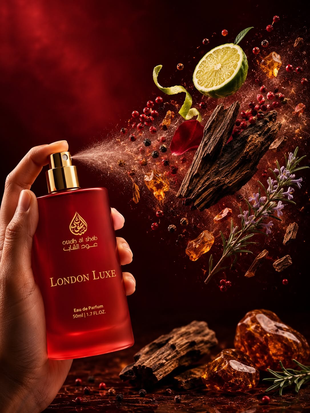 Carousel: Hand spraying pink perfume bottle into an explosion of fragrance ingredients, slide 5