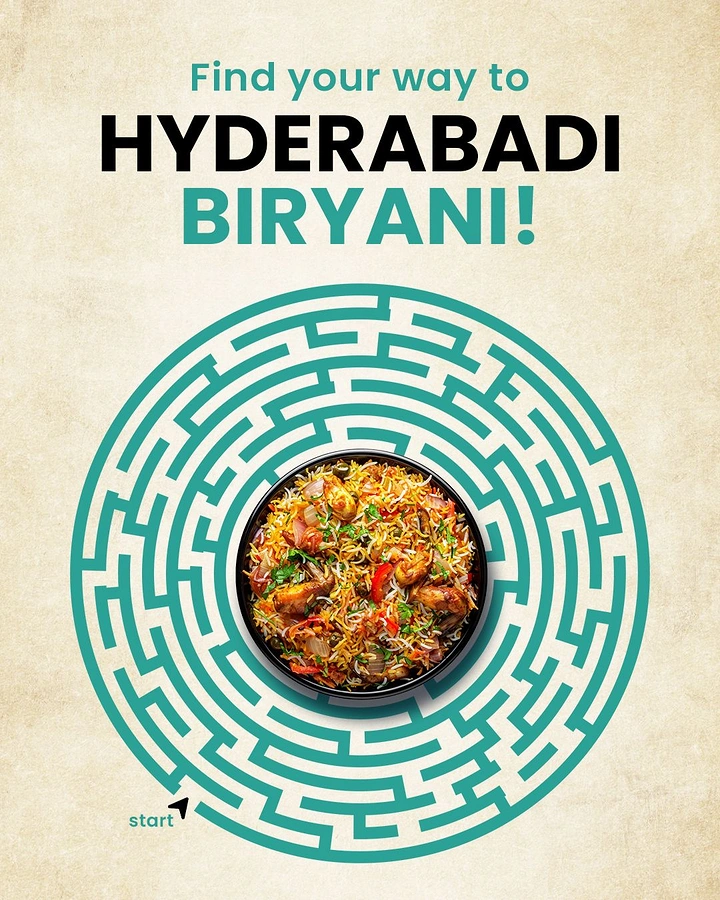 Biryani Restaurants & Brands creative ad: Biryani bowl at the centre of a teal circular maze