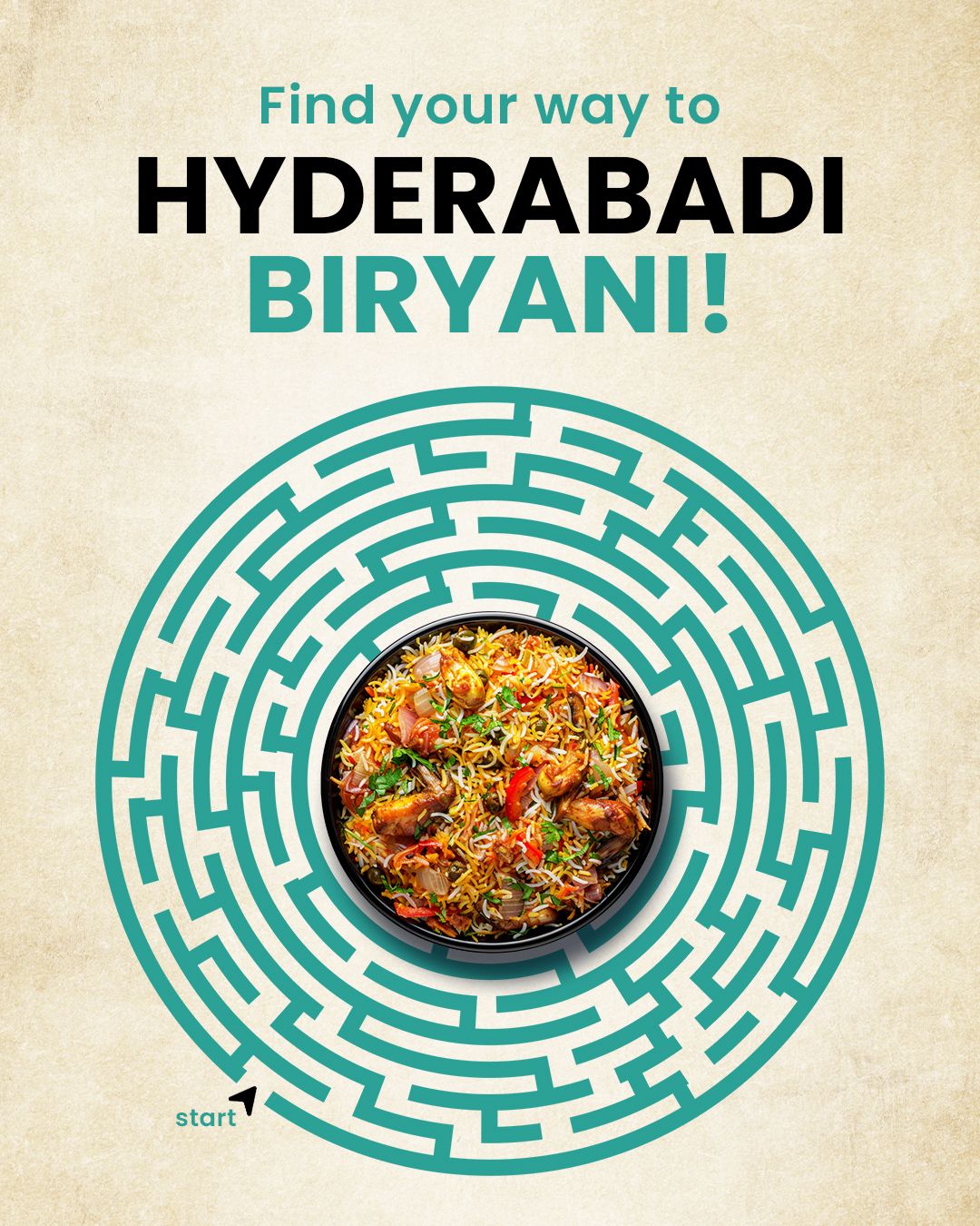 Instagram post: Biryani bowl at the centre of a teal circular maze
