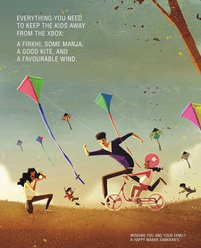 Makar Sankranti creative ad: Family flying kites and cycling in a windy field