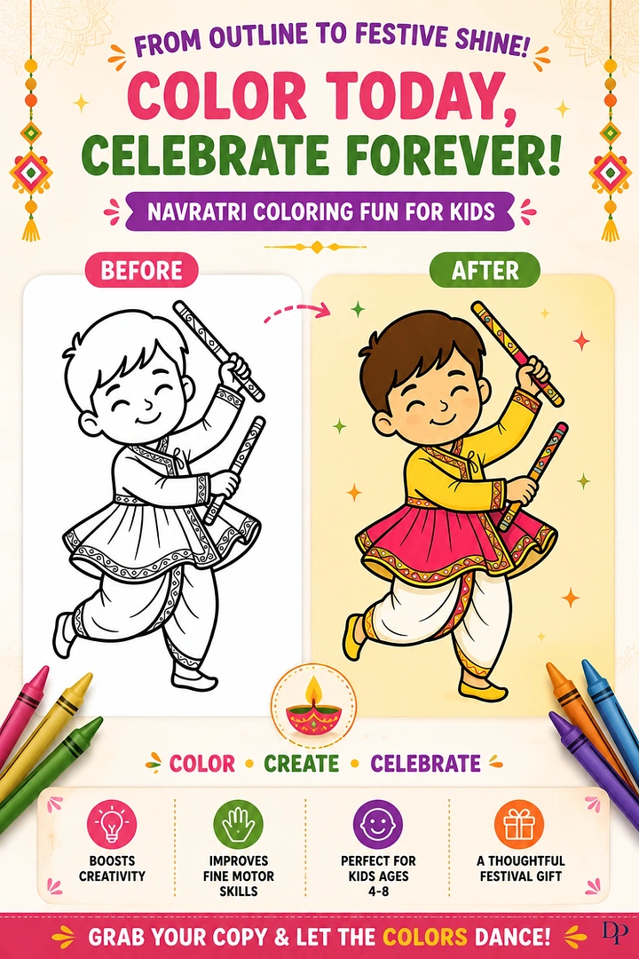 Navratri creative ad: A before-and-after Navratri coloring activity featuring a child with dandiya sticks