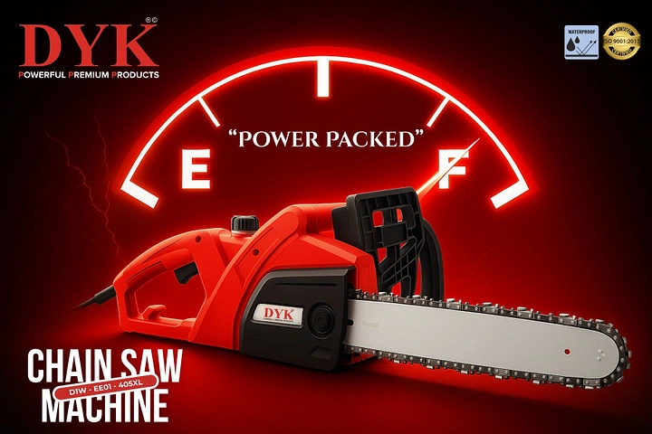 Power Tools creative ad: Chainsaw framed as power gauge