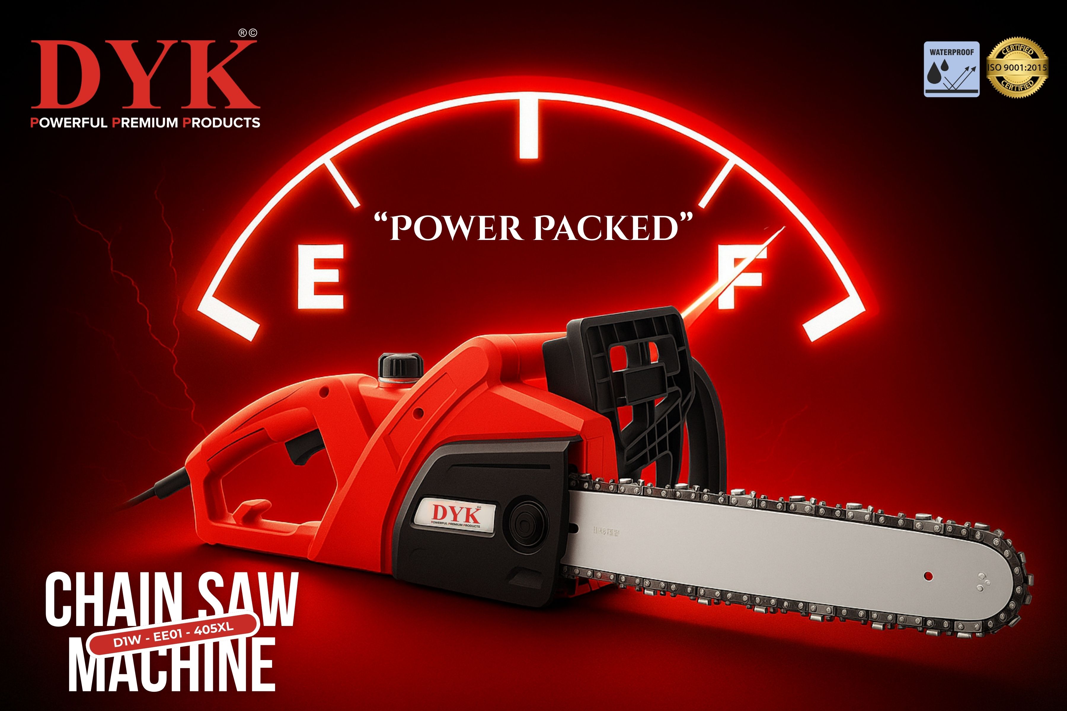 Banner: Chainsaw framed as power gauge