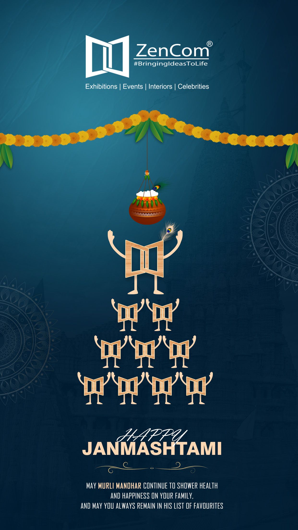 Logo-shaped characters forming a dahi handi human pyramid