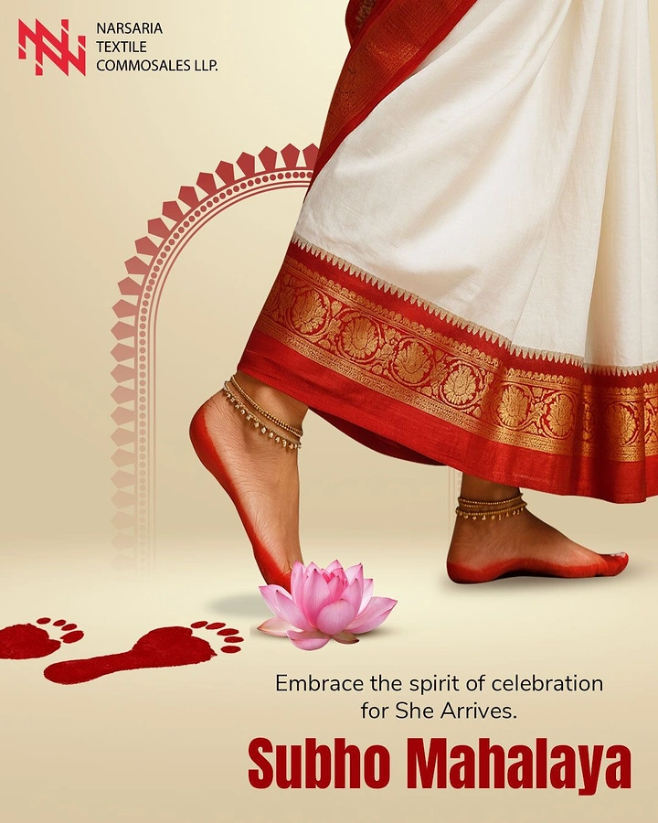 Durga Puja creative ad: Alta-painted feet in a red-and-white saree stepping forward