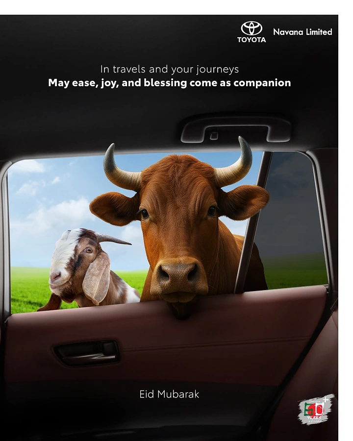 Eid creative ad: Cow and goat peeking into a car through its window