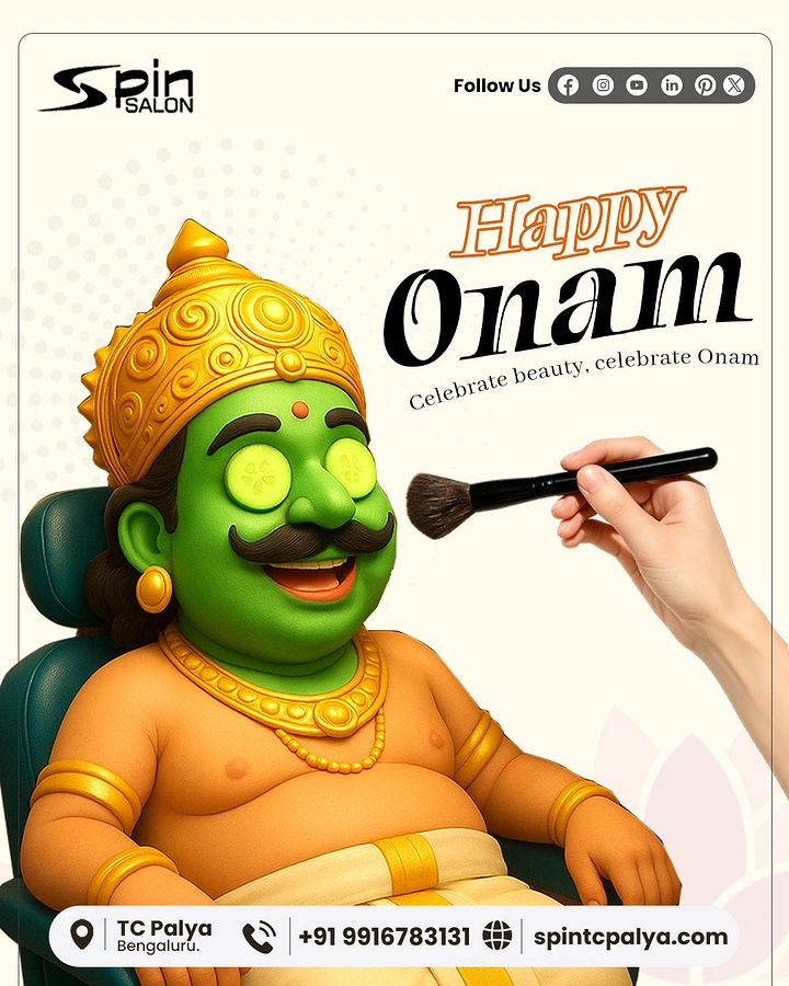 Onam creative ad: 3D cartoon Mahabali in salon chair with face pack and cucumber eyes