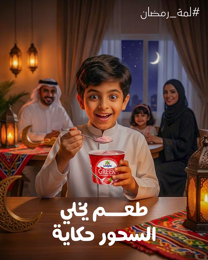 Ramadan creative ad: Excited boy eating strawberry Greek yogurt at a family suhoor table